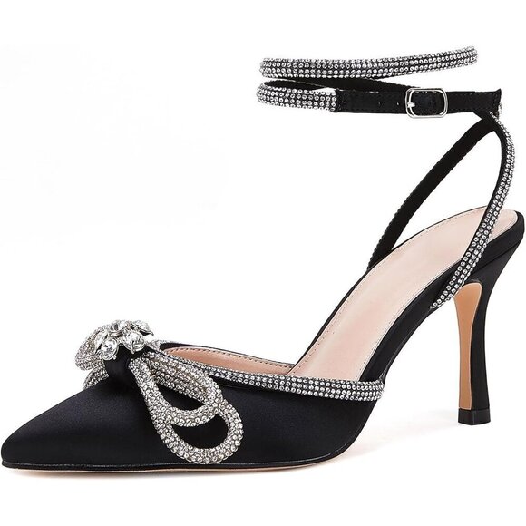 ⭐Women's Double Bow Pointed Toe Ankle Strap Crystal PumpsStilettos Backless